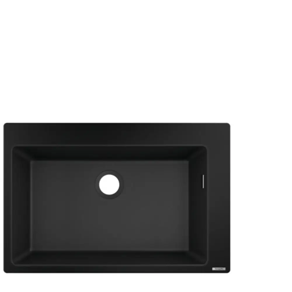 Einbauspüle in Graphitschwarz von Hansgrohe. Rechteckige Form mit zentralem Abfluss. Oberfläche ohne sichtbare Struktur, schlichte Gestaltung.